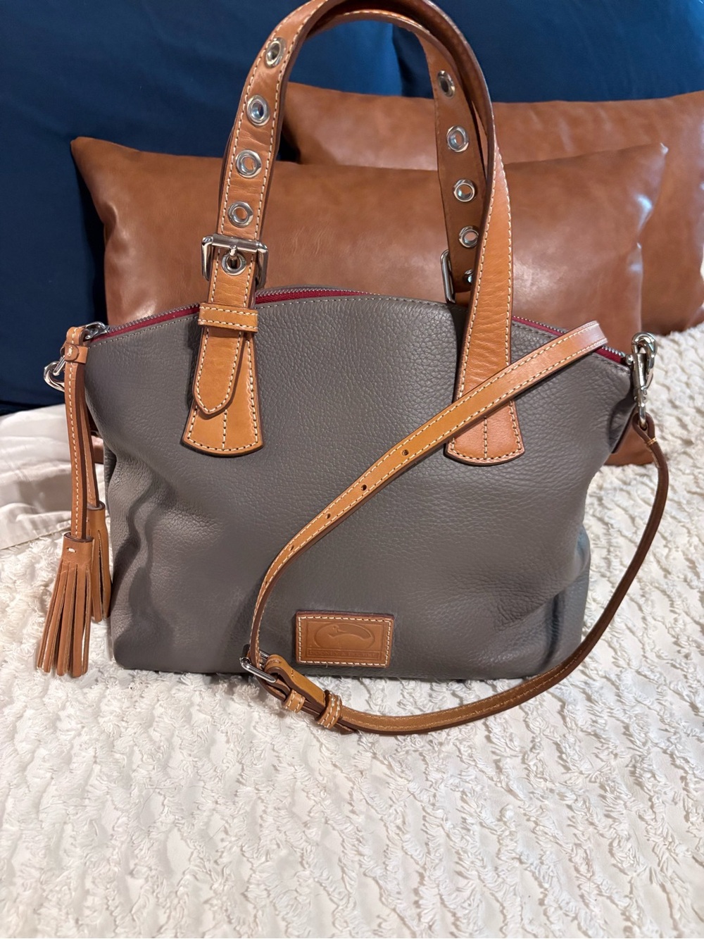 Gray Leather Tote with Tan Trim - Classic Women’s Handbag